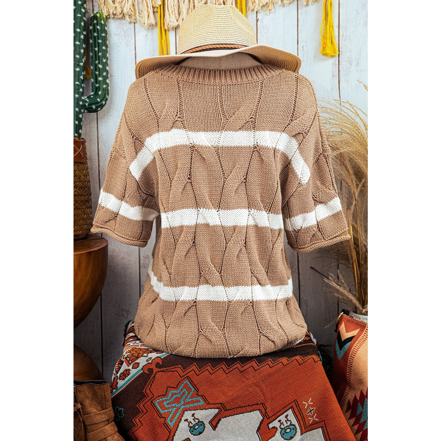 REDUCED!!! Amaya Dark Khaki Striped Cable Short Sleeve Sweater REDUCED!!!