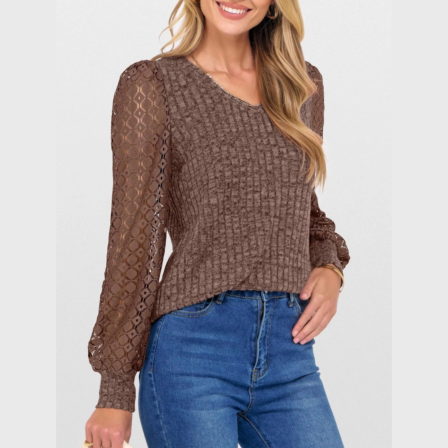 Andraya Brown V Neck Lace Long Sleeve Top