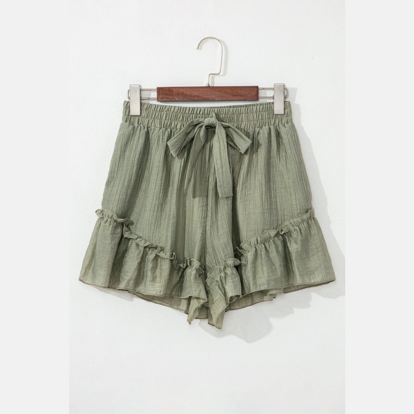 Andrea Laurel Green Textured Tie Waist Ruffle Hem Shorts