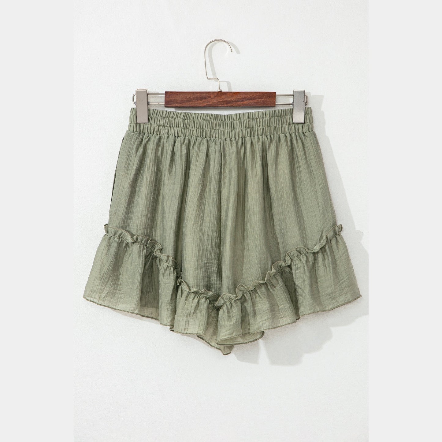 Andrea Laurel Green Textured Tie Waist Ruffle Hem Shorts
