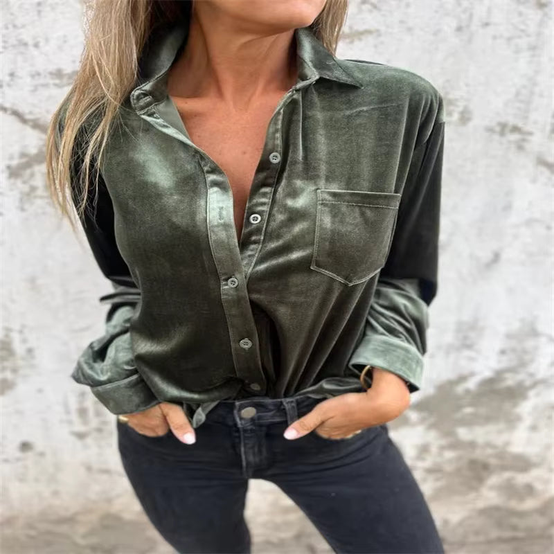 Angel Green Velvet Button Front Shirt w/ Pocket