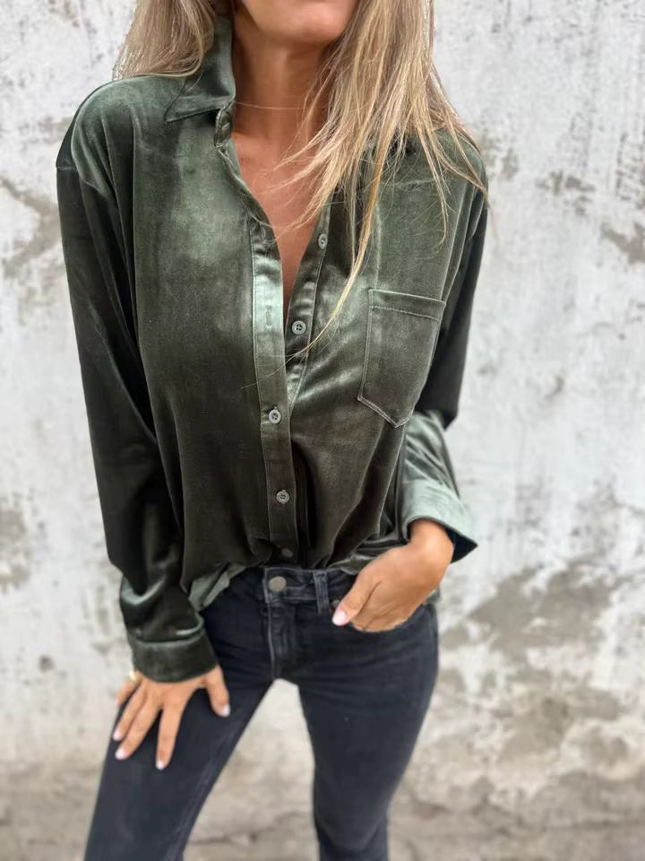 Angel Green Velvet Button Front Shirt w/ Pocket