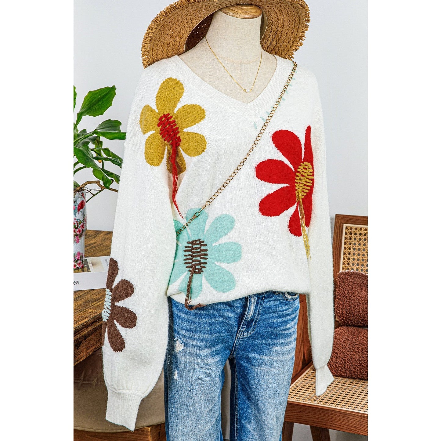 Angelo White Big Flower Pattern V Neck Drop Shoulder Sweater