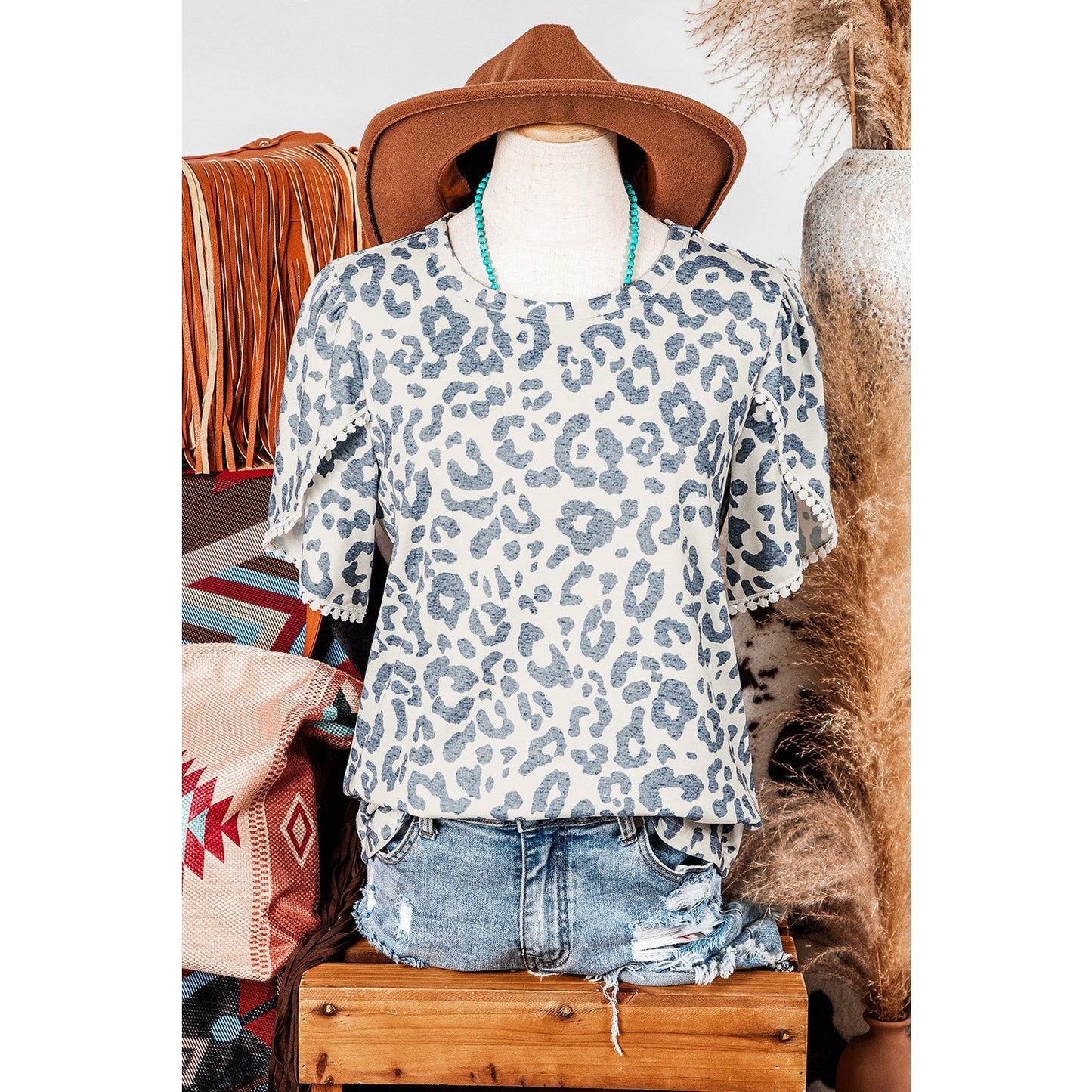 Angelonia Beige Leopard Round Neck Lace Trim Petal Sleeve T Shirt