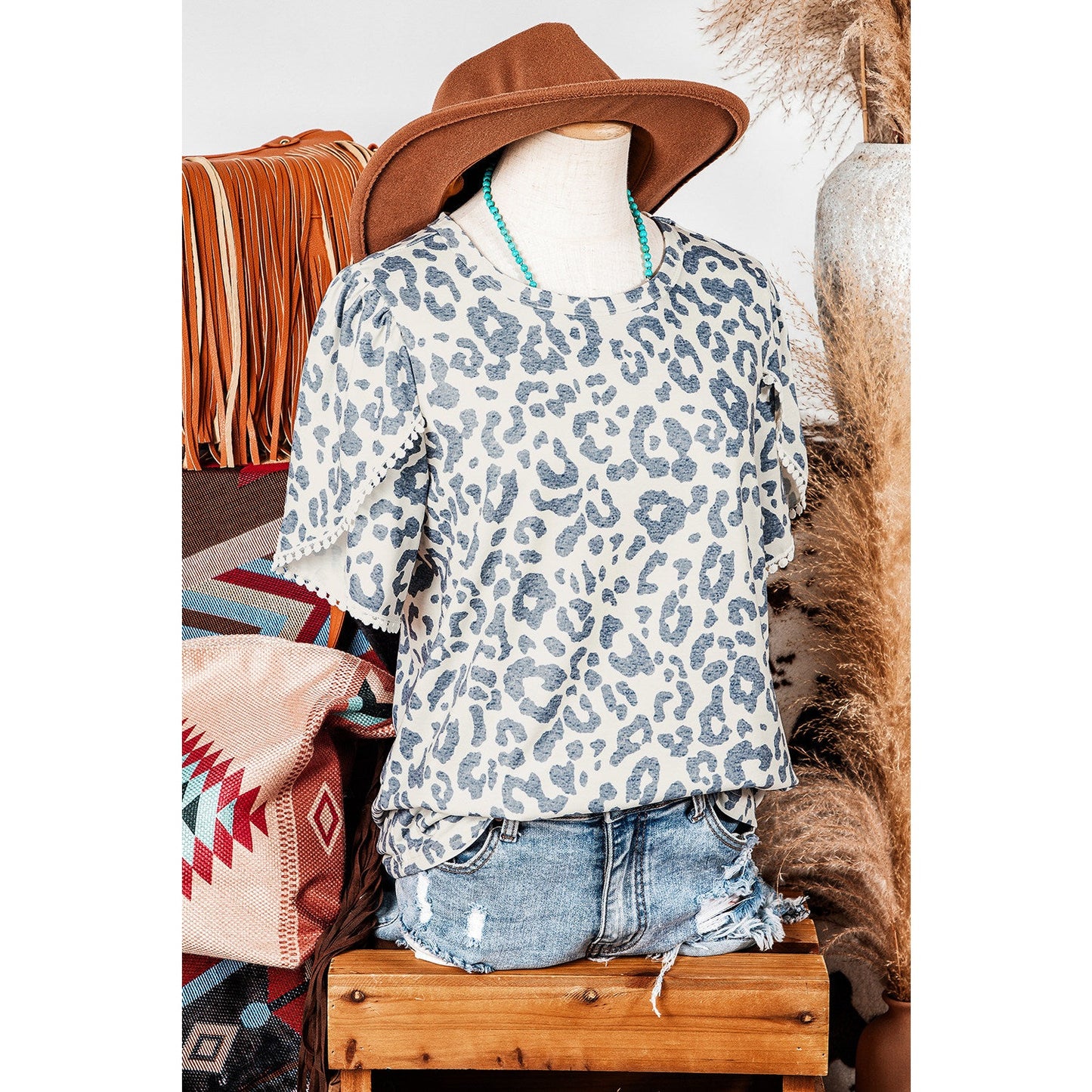 Angelonia Beige Leopard Round Neck Lace Trim Petal Sleeve T Shirt