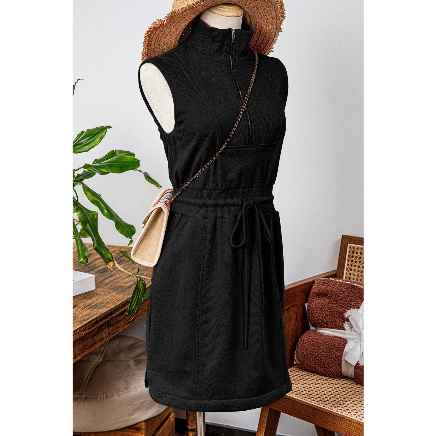 Aubrey Black French Terry Zipped Collar Sleeveless Drawstring Waist Mini Dress