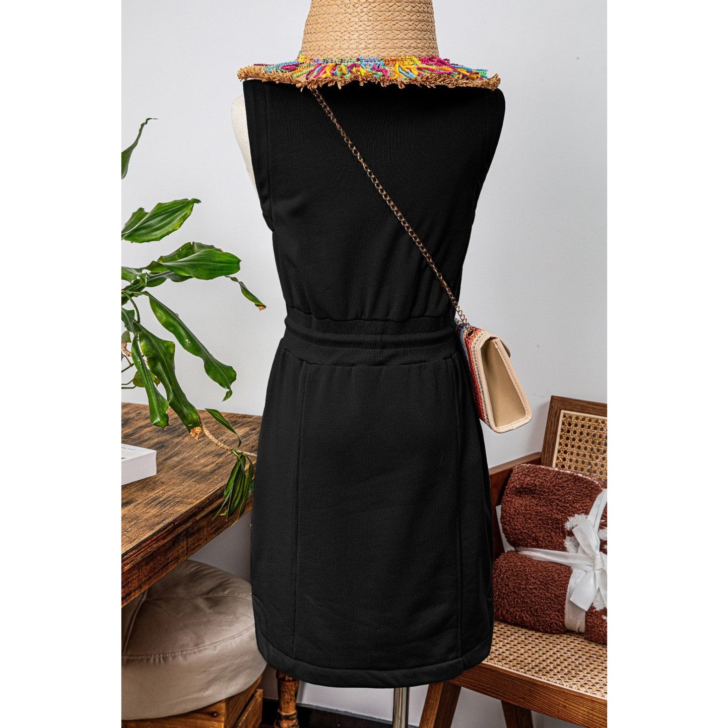 Aubrey Black French Terry Zipped Collar Sleeveless Drawstring Waist Mini Dress