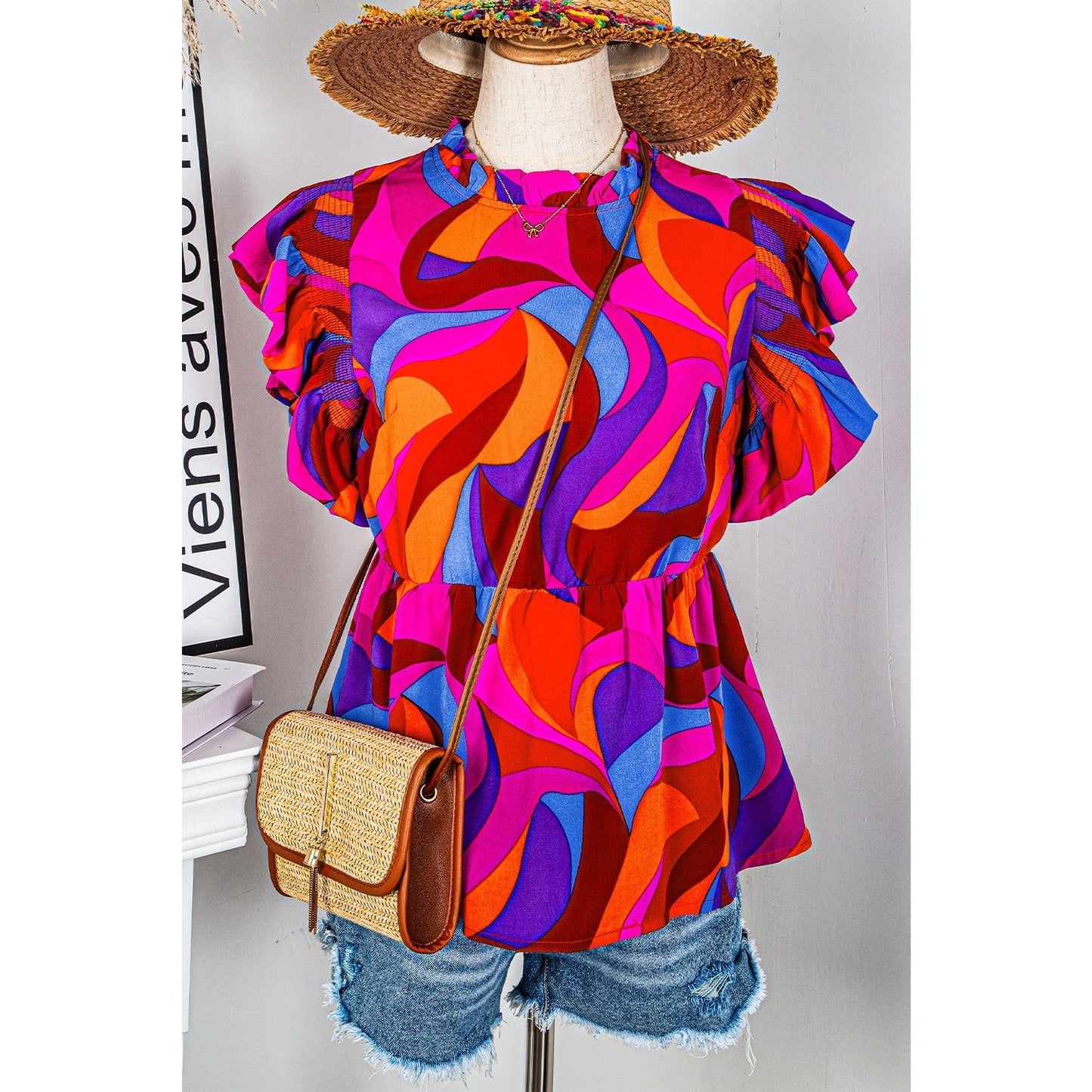REDUCED!!! Austyn Orange Abstract Print Flutter Sleeve Peplum Blouse REDUCED!!!