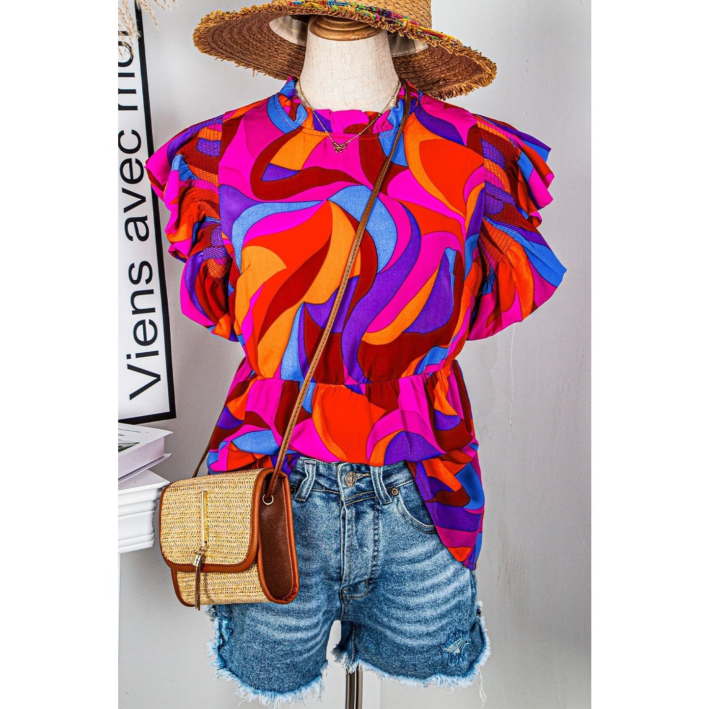 REDUCED!!! Austyn Orange Abstract Print Flutter Sleeve Peplum Blouse REDUCED!!!