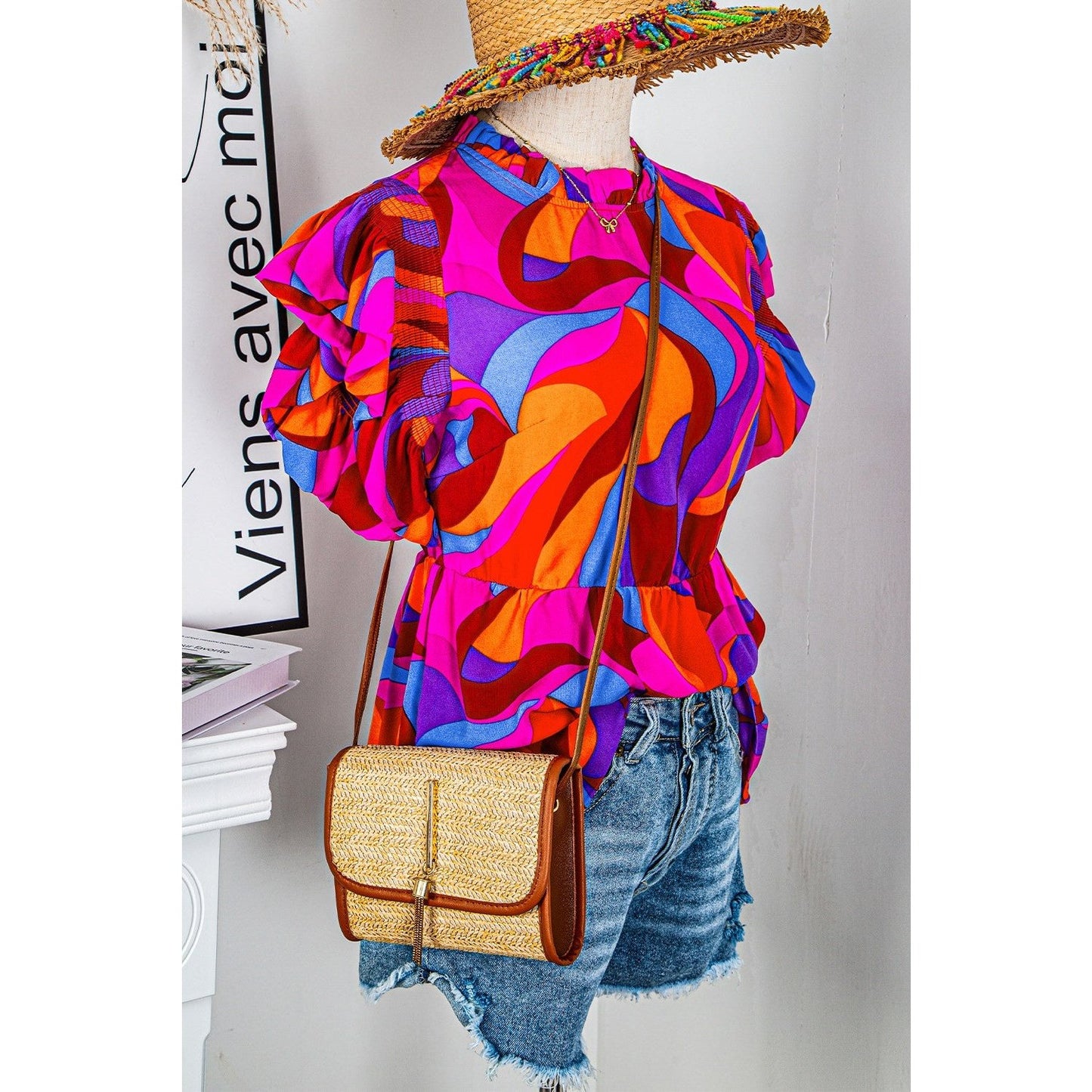 REDUCED!!! Austyn Orange Abstract Print Flutter Sleeve Peplum Blouse REDUCED!!!