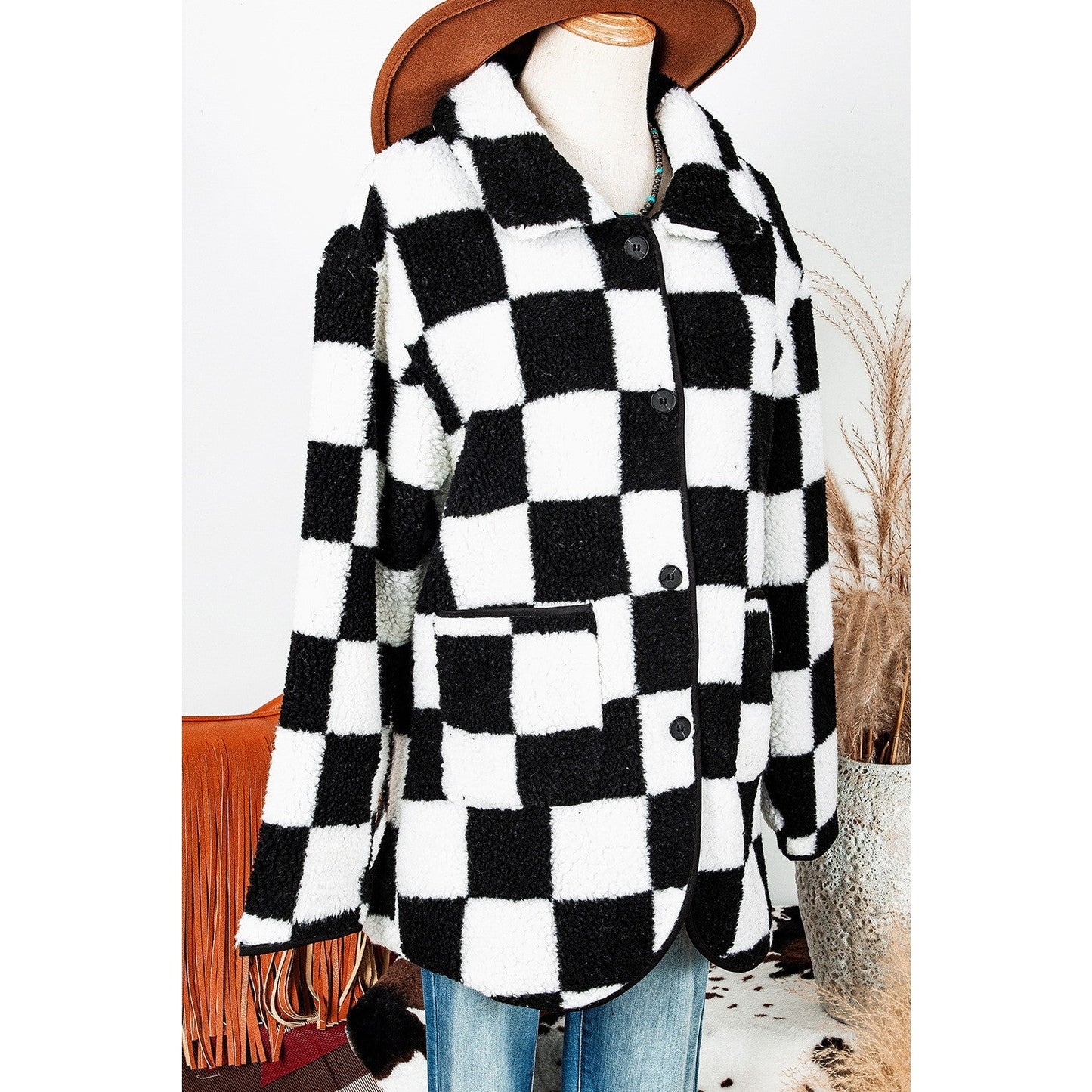 REDUCED!!!  Ava Rose Black Checkered Side Pockets Collared Buttoned Fleece Jacket REDUCED!!!