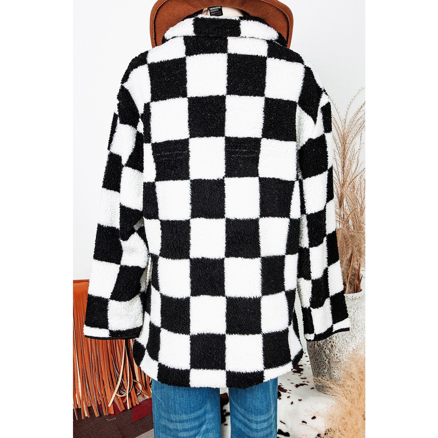 REDUCED!!!  Ava Rose Black Checkered Side Pockets Collared Buttoned Fleece Jacket REDUCED!!!