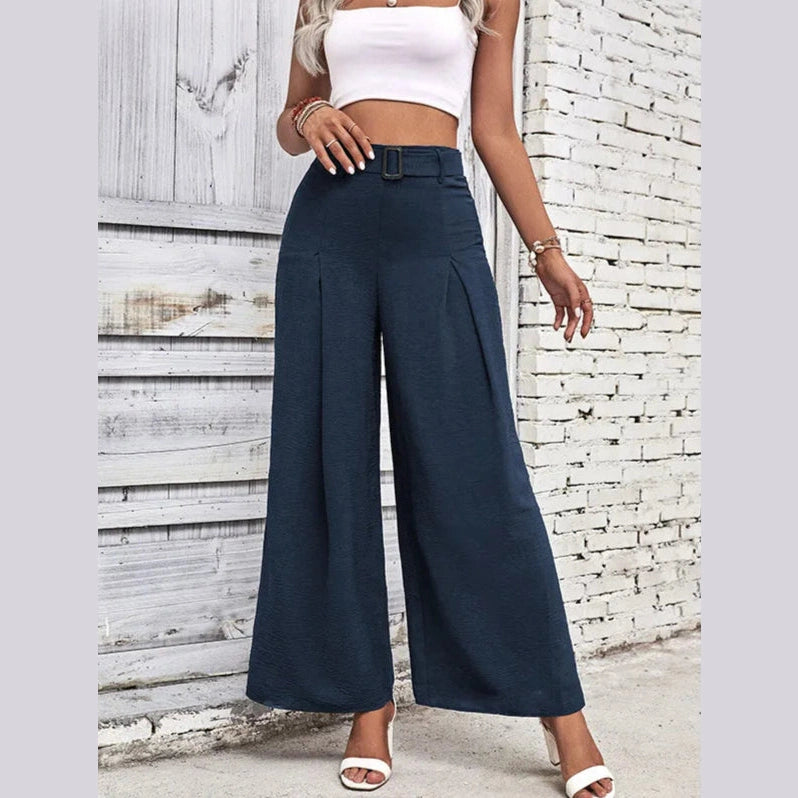 Beatrice Blue Belted High Waist Wide Leg Pants