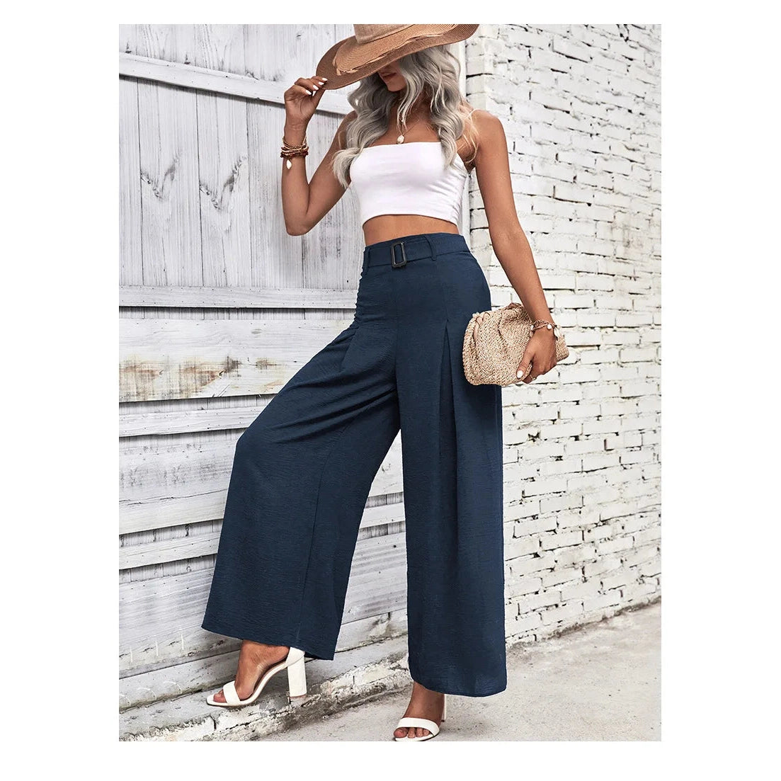 Beatrice Blue Belted High Waist Wide Leg Pants