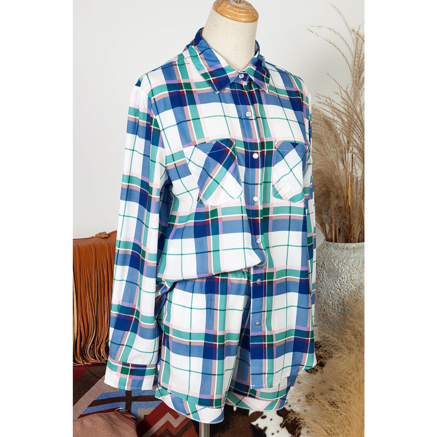 Beatriz Blue Plaid Print Shirt and Shorts 2Pcs Lounge Set