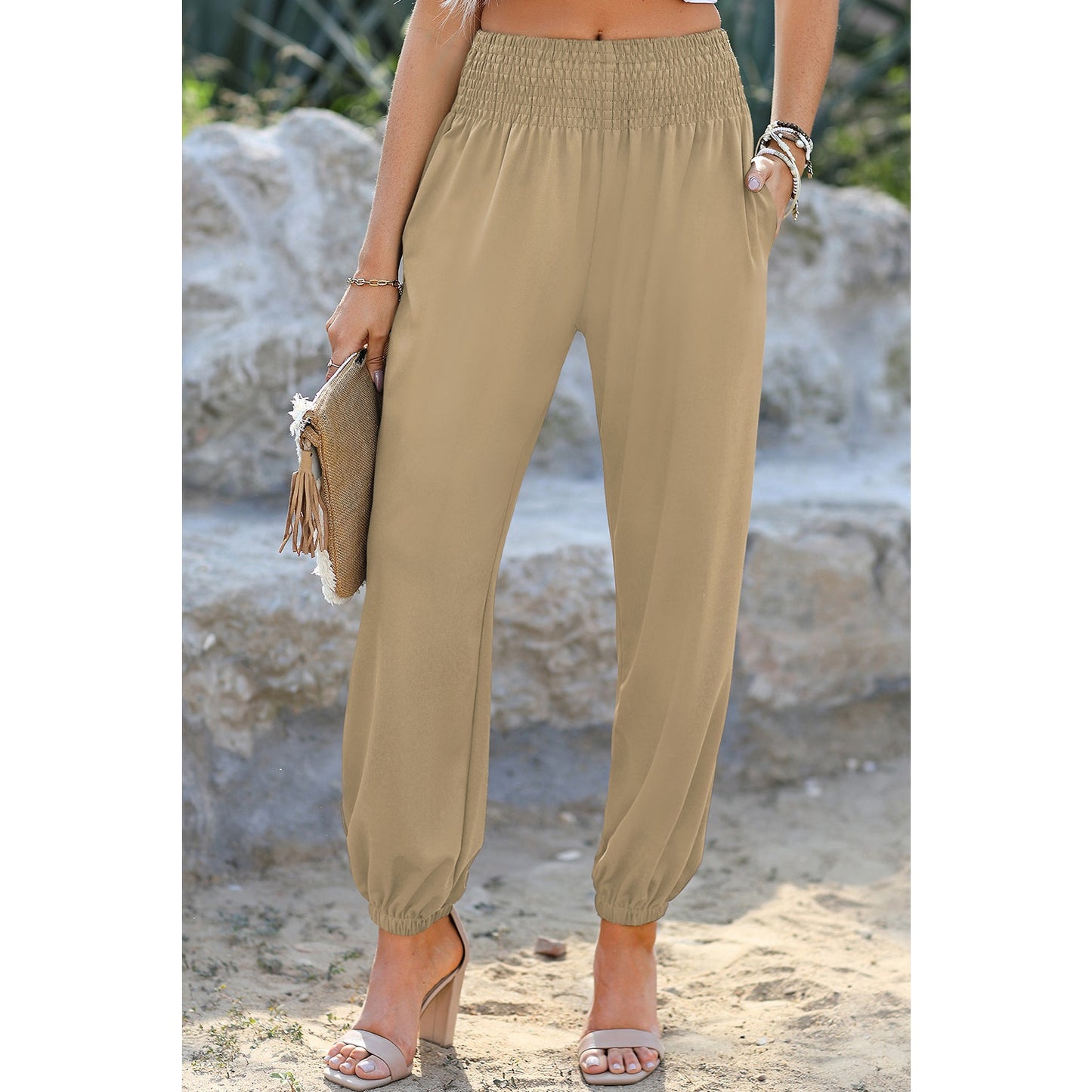 Dodie French Beige Smocked High Waist Joggers