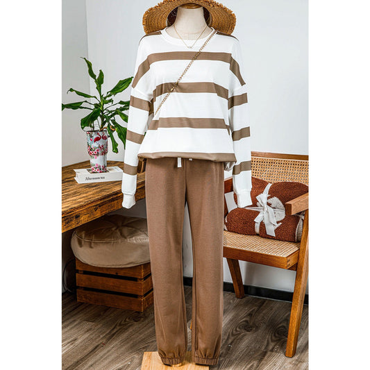 Gisselle French Beige Striped Drop Shoulder Pullover and Jogger Pants Set