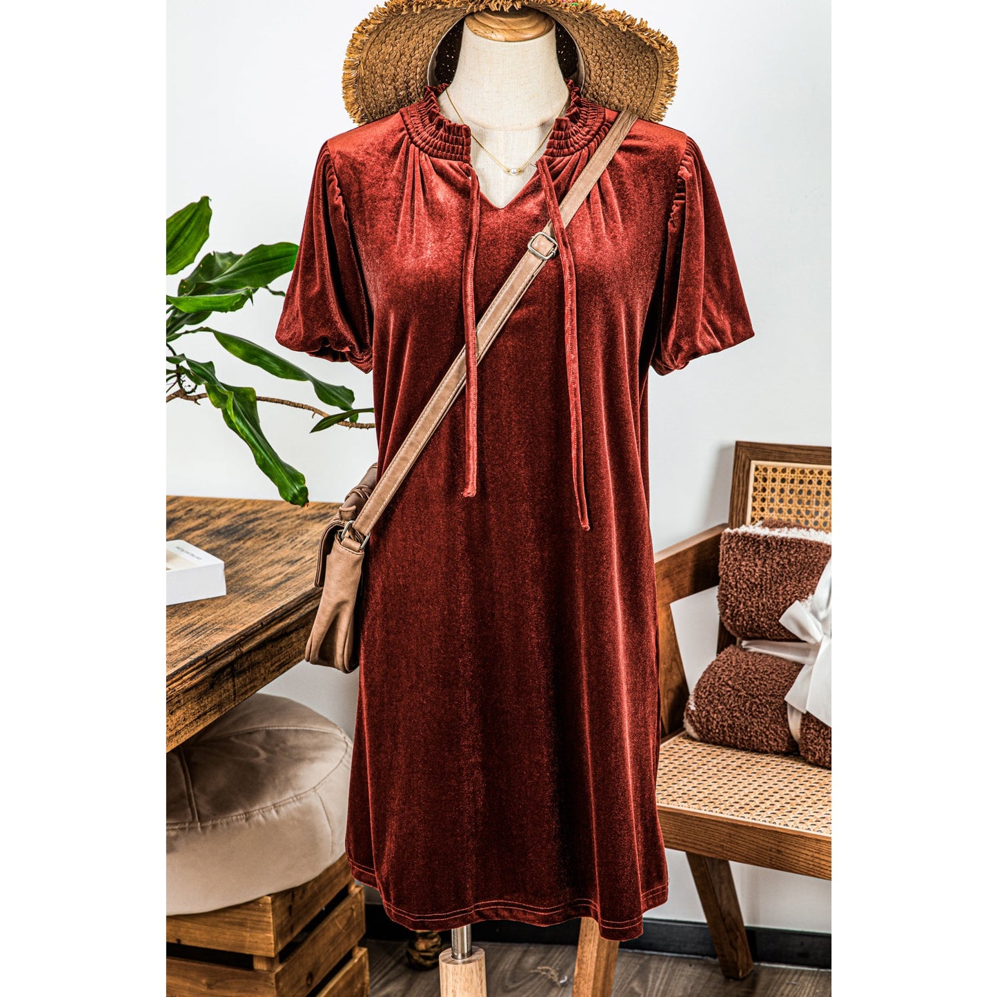 Bek Cinnamon Velvet Smocked Neckline Puff Sleeve Shift Mini Dress