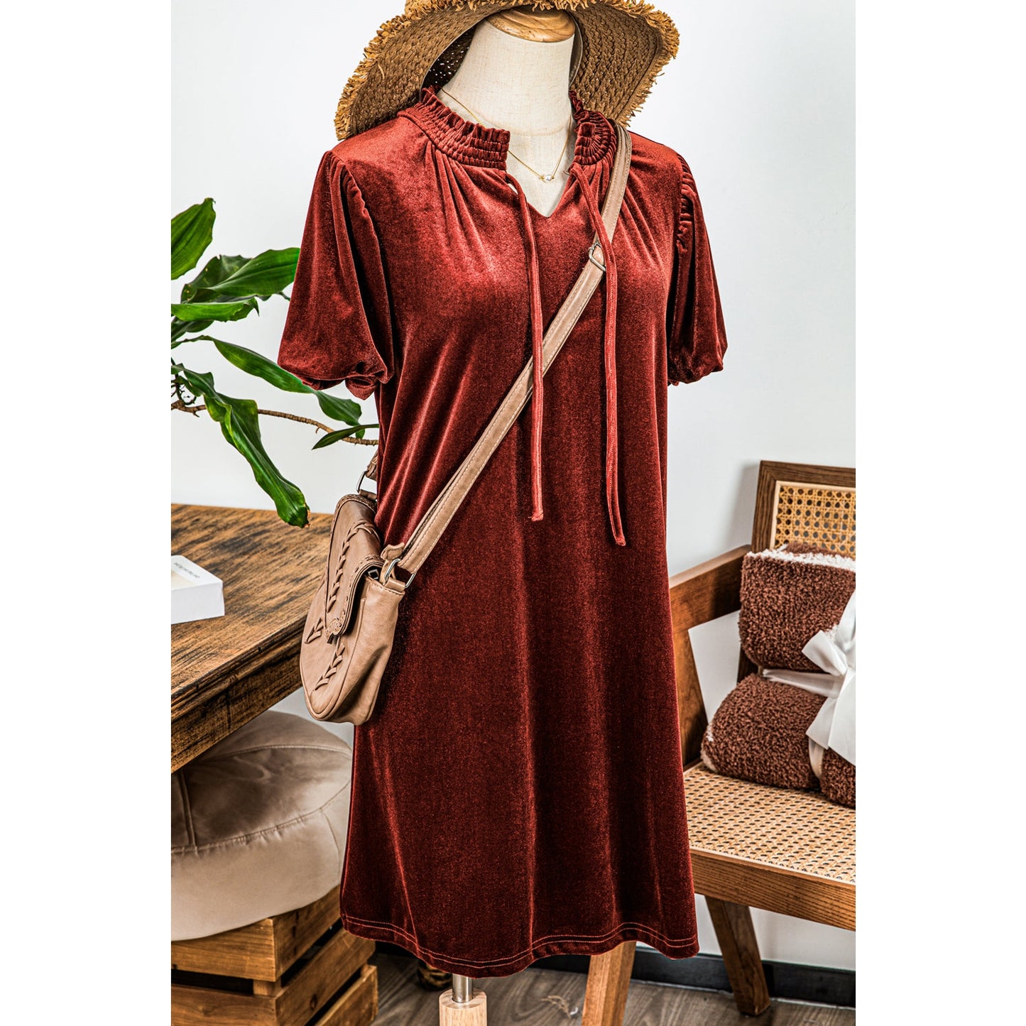 Bek Cinnamon Velvet Smocked Neckline Puff Sleeve Shift Mini Dress