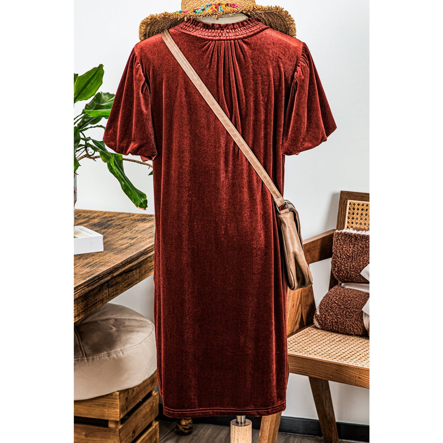 Bek Cinnamon Velvet Smocked Neckline Puff Sleeve Shift Mini Dress