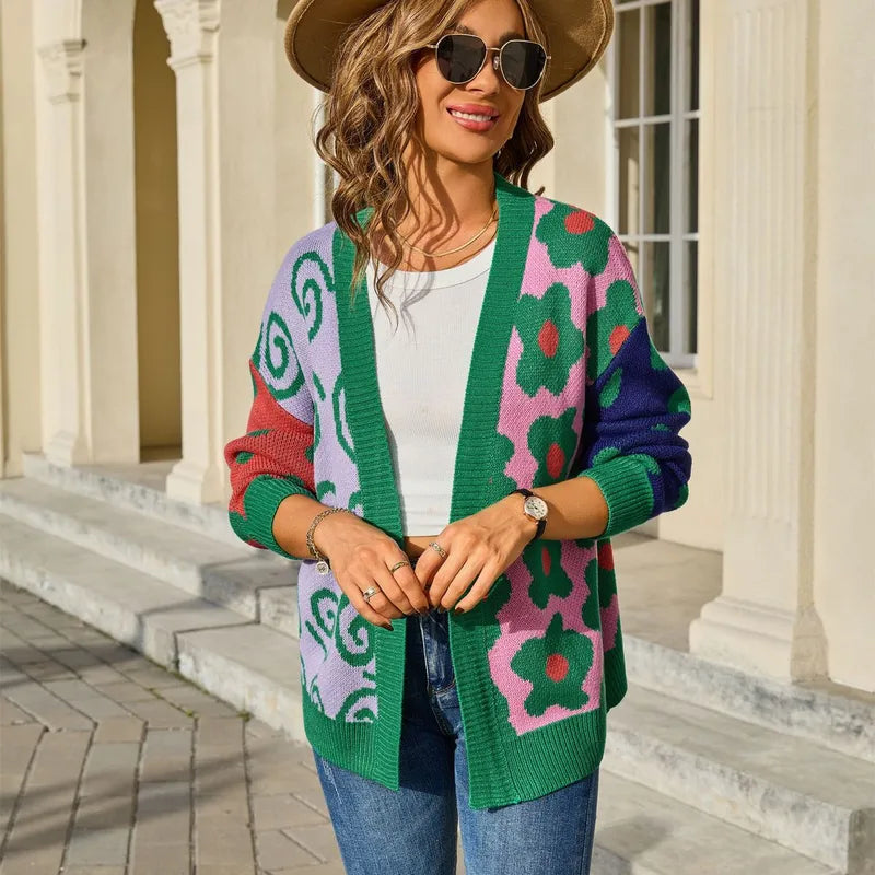 Bekie Green Open Front Floral Knitted Cardigan