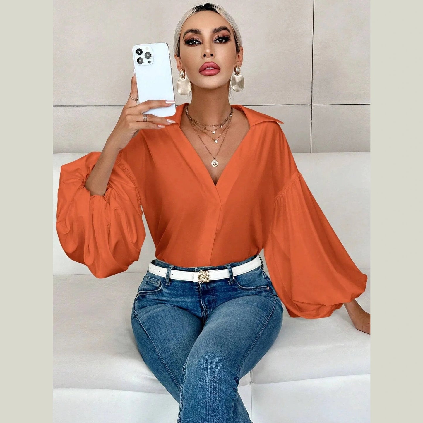 Bella Rae Orange Long Sleeve Bubble Blouse