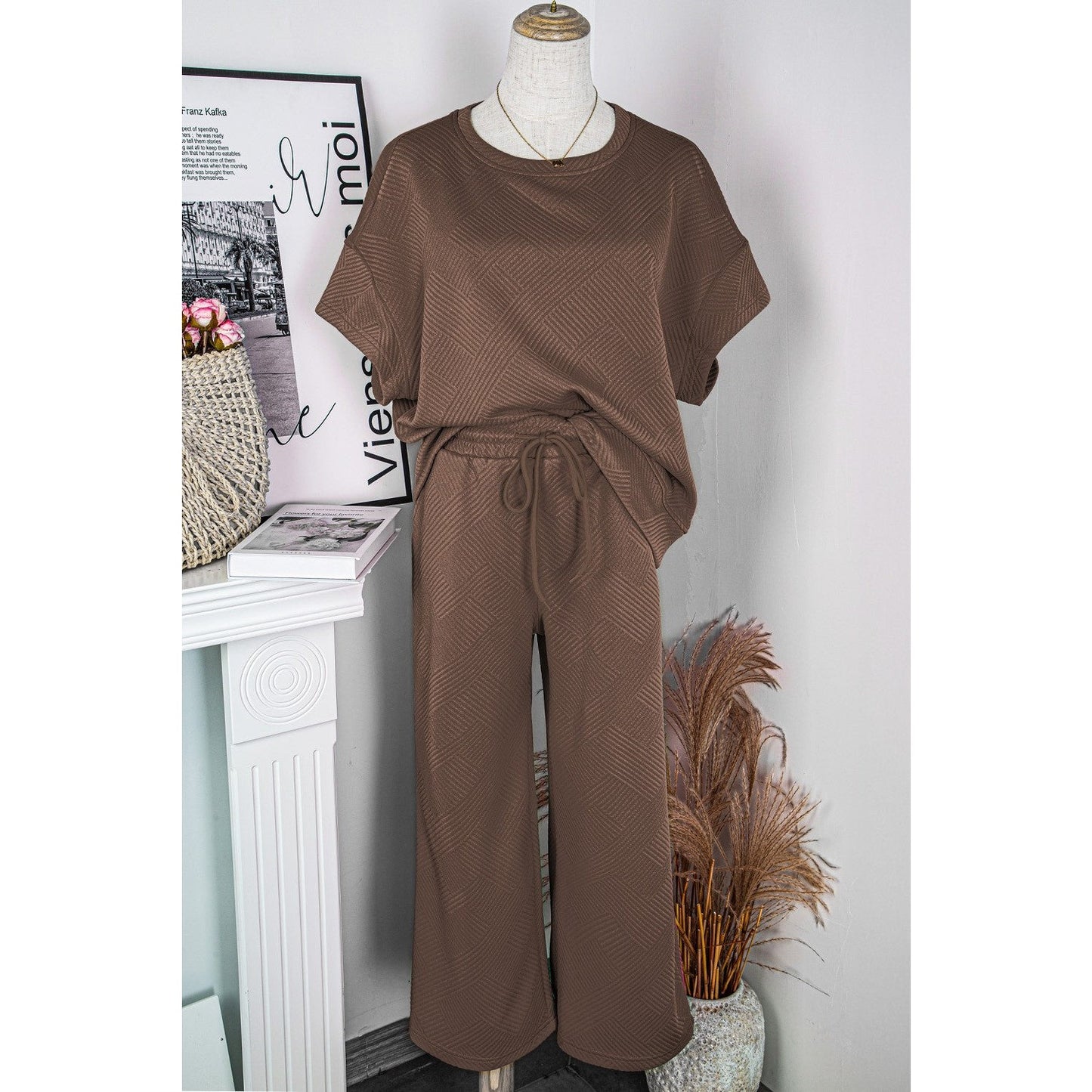 Belva Brown Textured Loose Fit T Shirt and Drawstring Pants Set