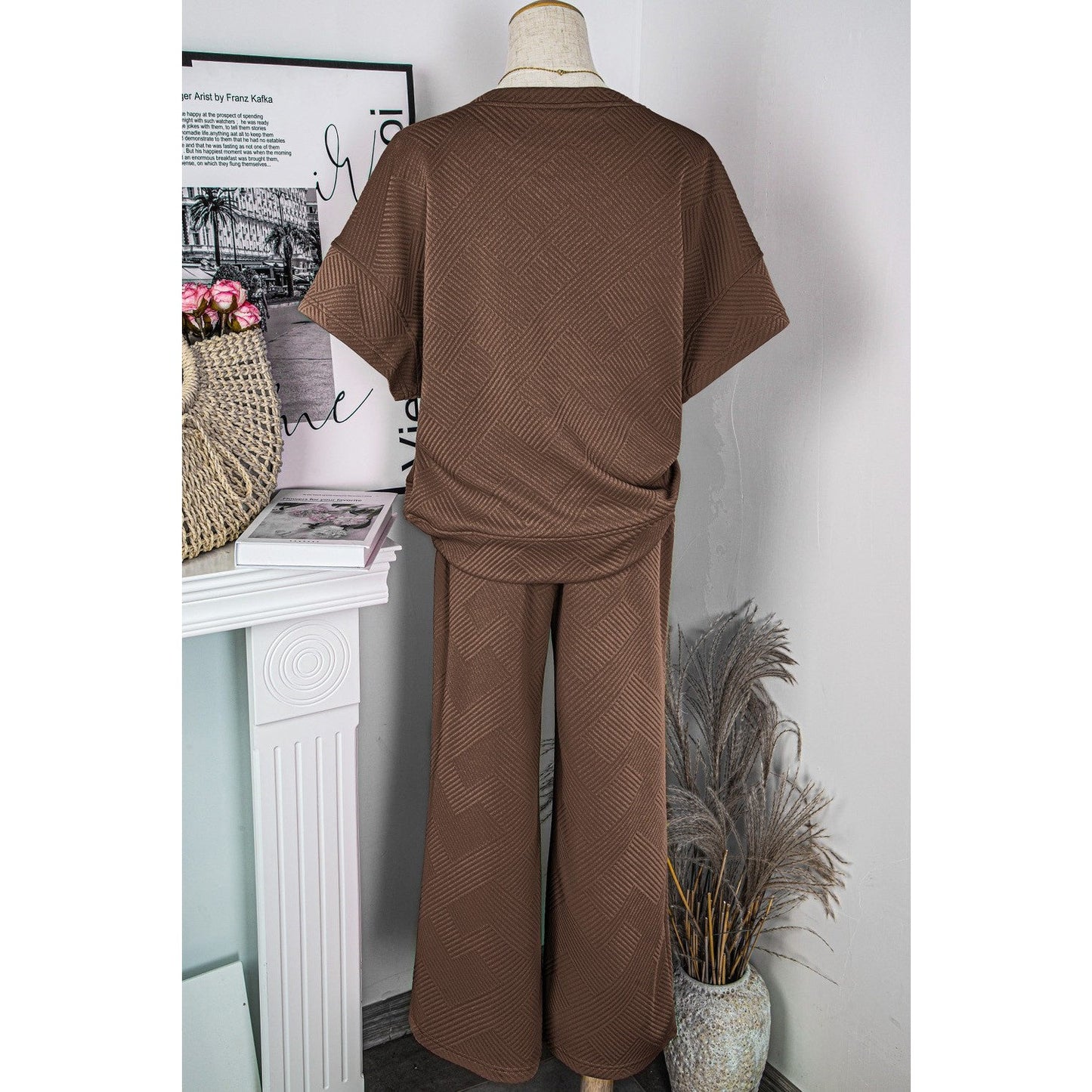 Belva Brown Textured Loose Fit T Shirt and Drawstring Pants Set