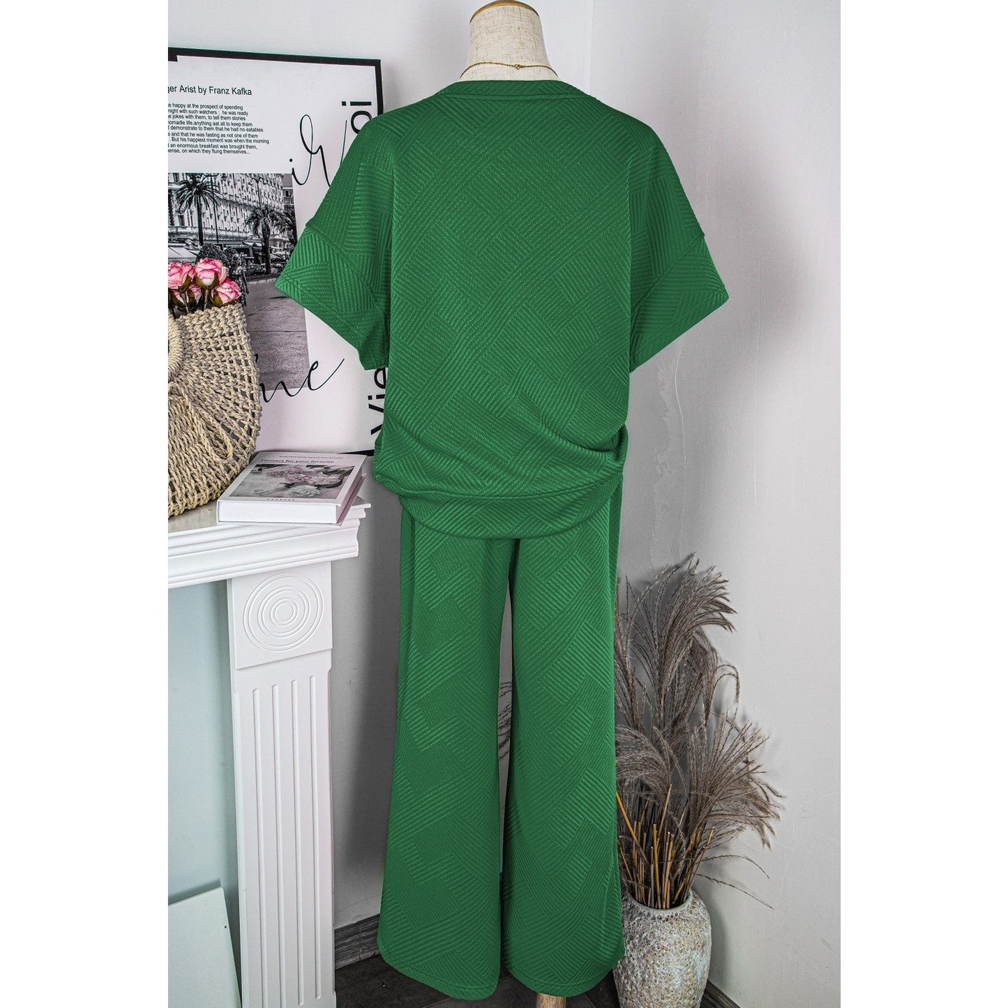 Belva Green Textured Loose Fit T Shirt and Drawstring Pants Set