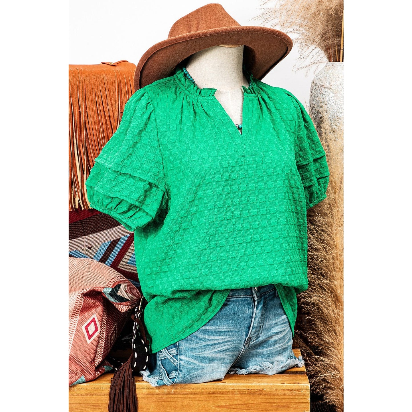 Bessie Bright Green Textured Puff Short Sleeve Notched V Neck Top