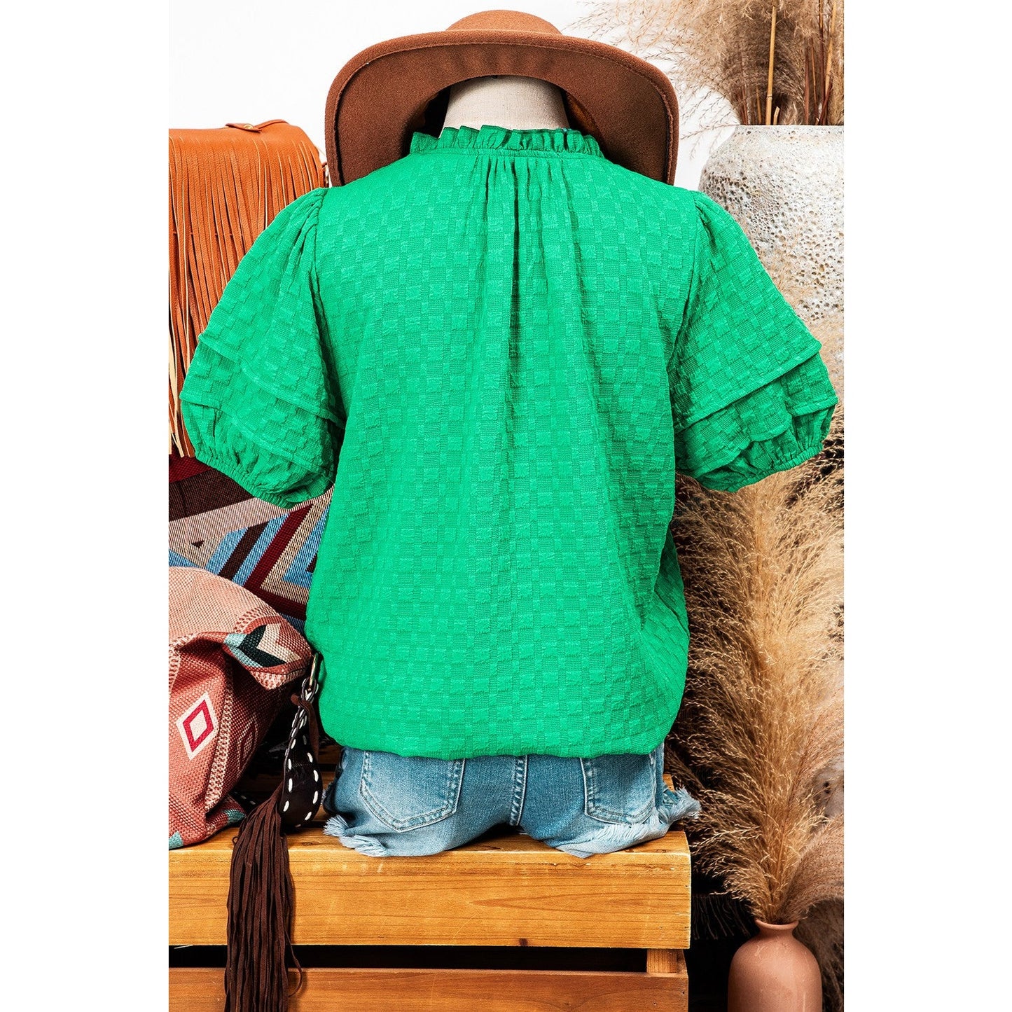 Bessie Bright Green Textured Puff Short Sleeve Notched V Neck Top