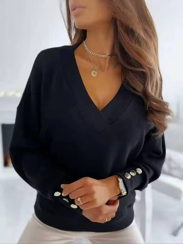 Ayda V Neck Button Cuff Decor Top - 4 Colors