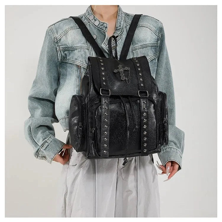 PU Leather Rivet Cross Backpack - 4 Colors