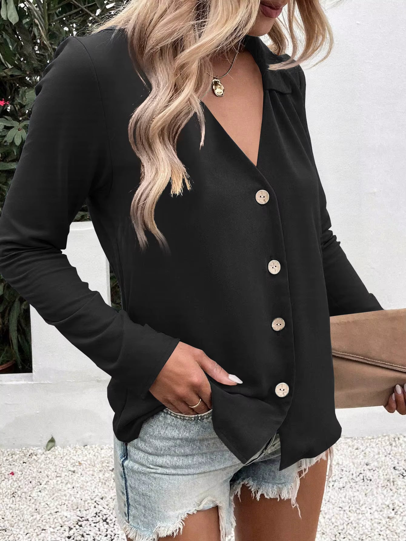 Eleanora Lapel Button Up Long Sleeve Blouse - 6 Colors