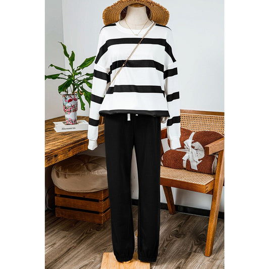Gisselle Black Striped Drop Shoulder Pullover and Jogger Pants Set