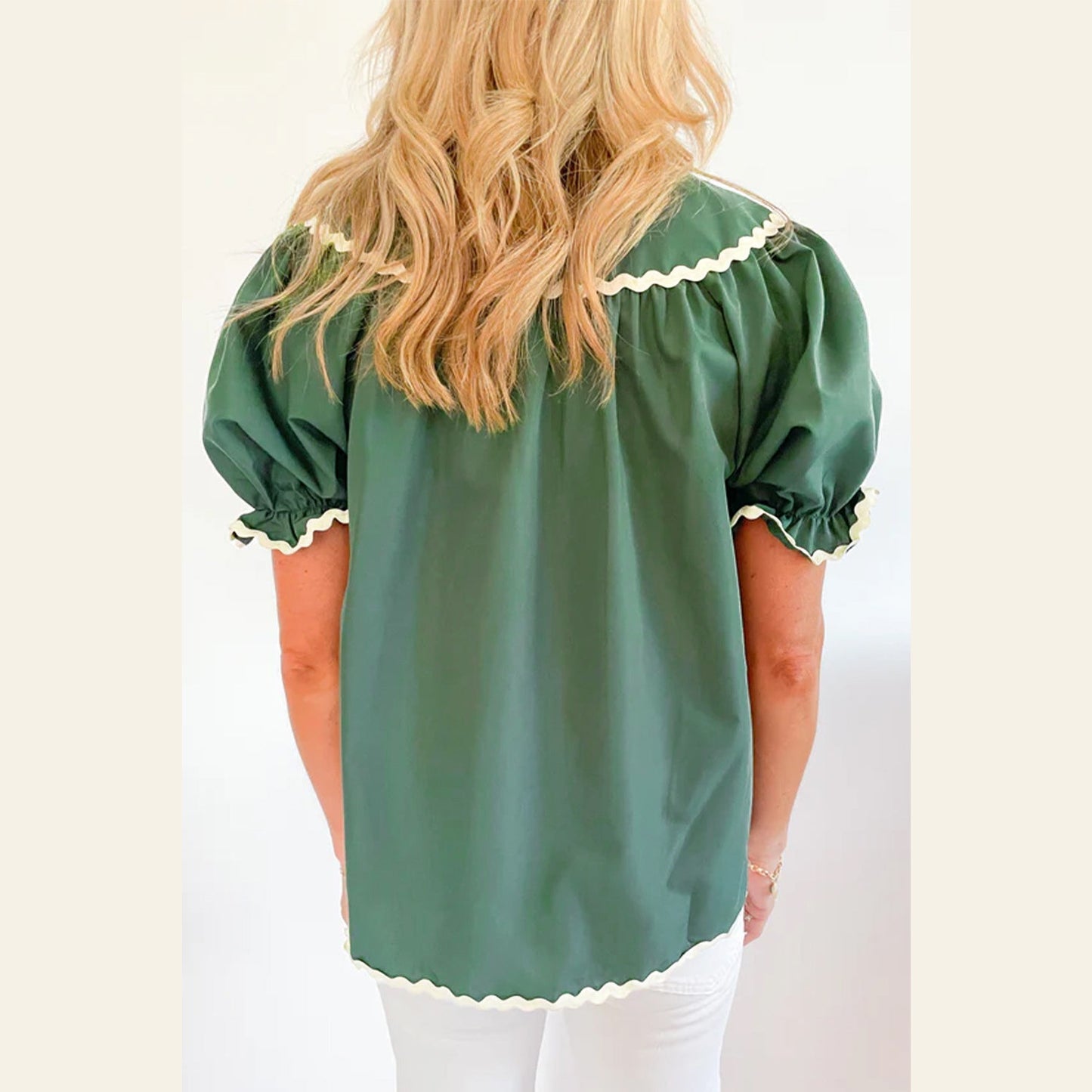 Blakely Green Ric Rac Trim Tie Split Neck Short Sleeve Blouse