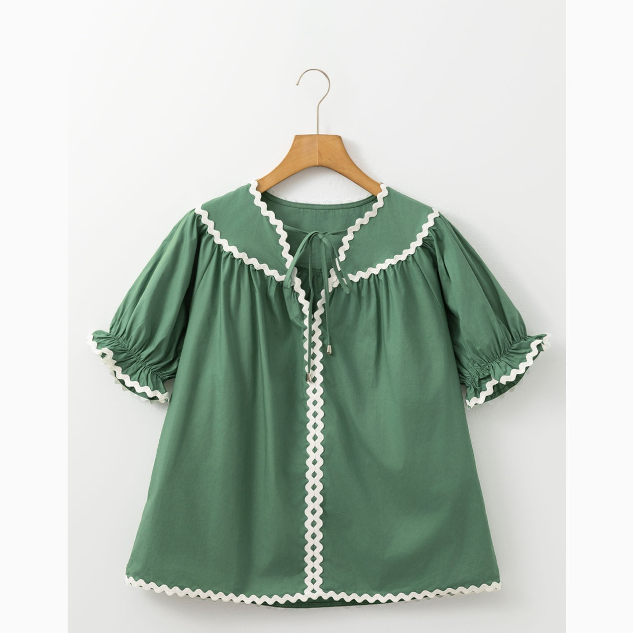 Blakely Green Ric Rac Trim Tie Split Neck Short Sleeve Blouse