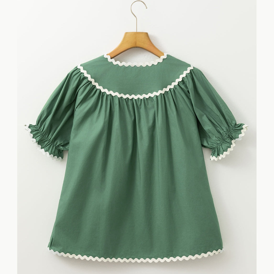 Blakely Green Ric Rac Trim Tie Split Neck Short Sleeve Blouse