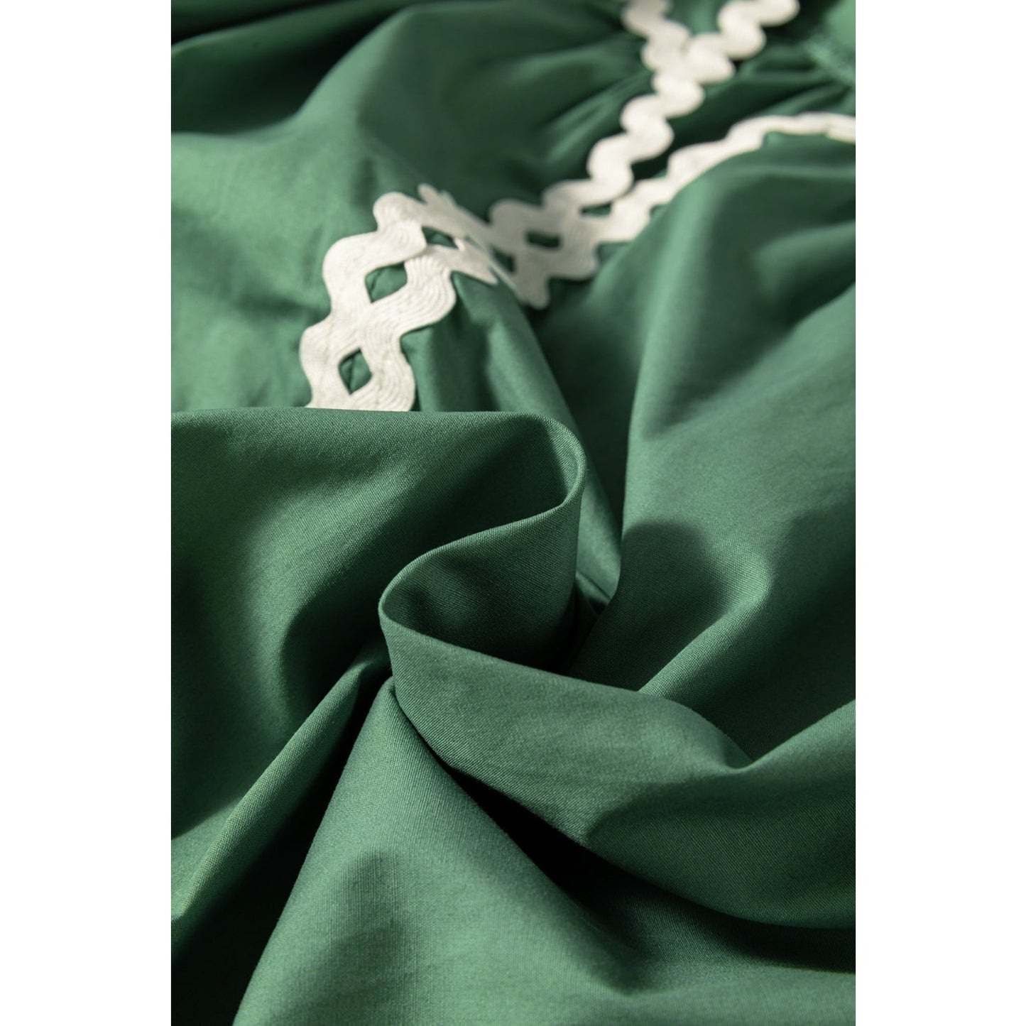 Blakely Green Ric Rac Trim Tie Split Neck Short Sleeve Blouse