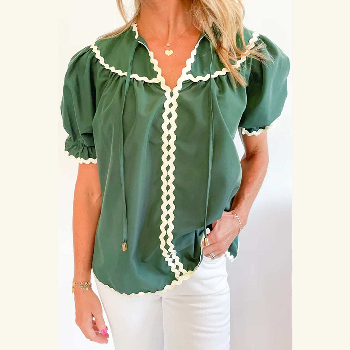 Blakely Green Ric Rac Trim Tie Split Neck Short Sleeve Blouse