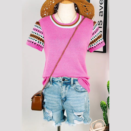 REDUCED!!!  Blanca Bright Pink Contrast Printed Cap Sleeves Crewneck Sweater  REDUCED!!!