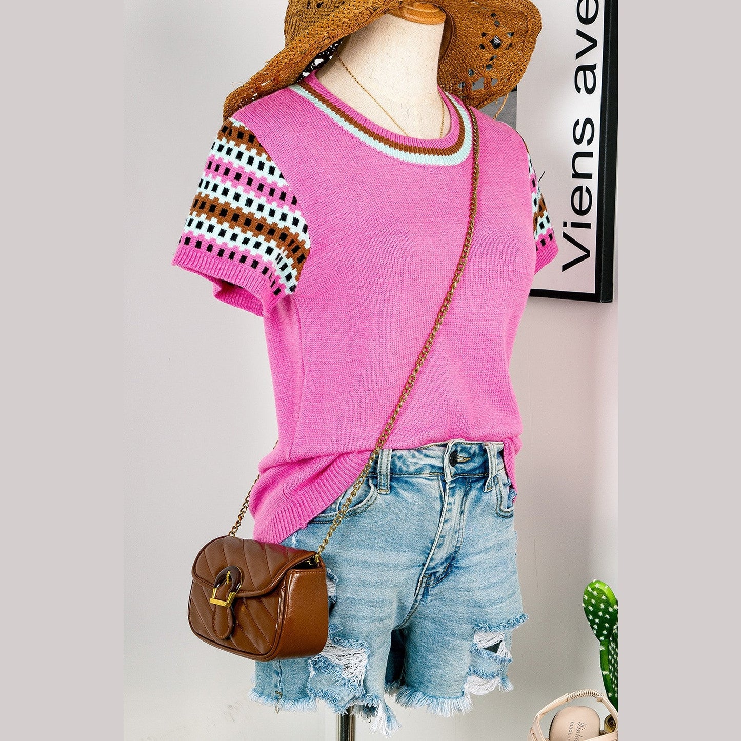 REDUCED!!! Blanca Bright Pink Contrast Printed Cap Sleeves Crewneck Sweater REDUCED!!!