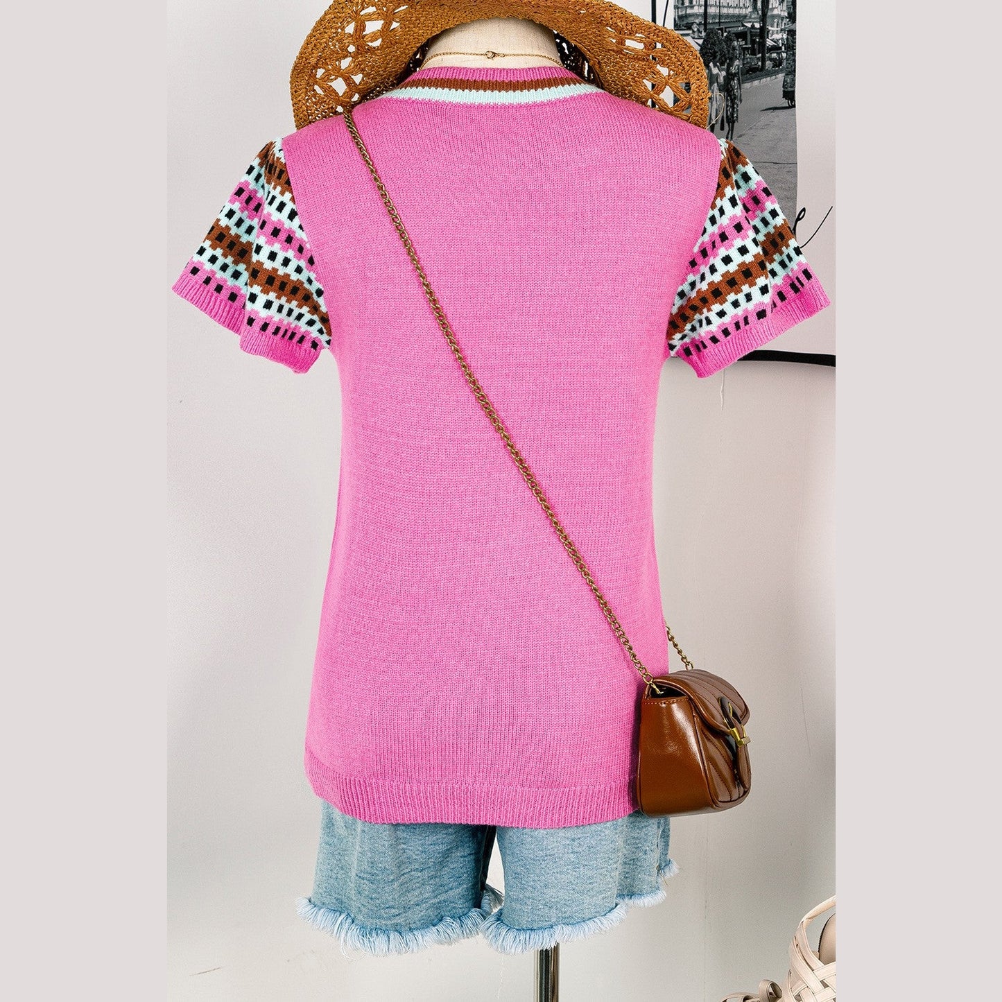 REDUCED!!! Blanca Bright Pink Contrast Printed Cap Sleeves Crewneck Sweater REDUCED!!!