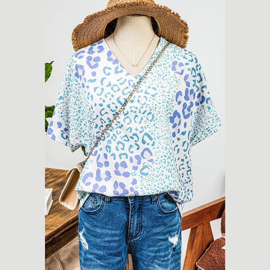 Giorgia Sky Blue Mixed Leopard Print V Neck Short Sleeve Blouse