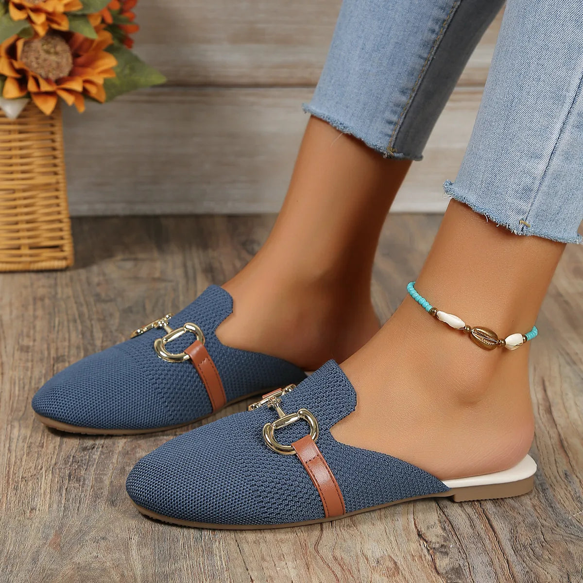 Buckle Decor Breathable Knit Mules - 3 Colors