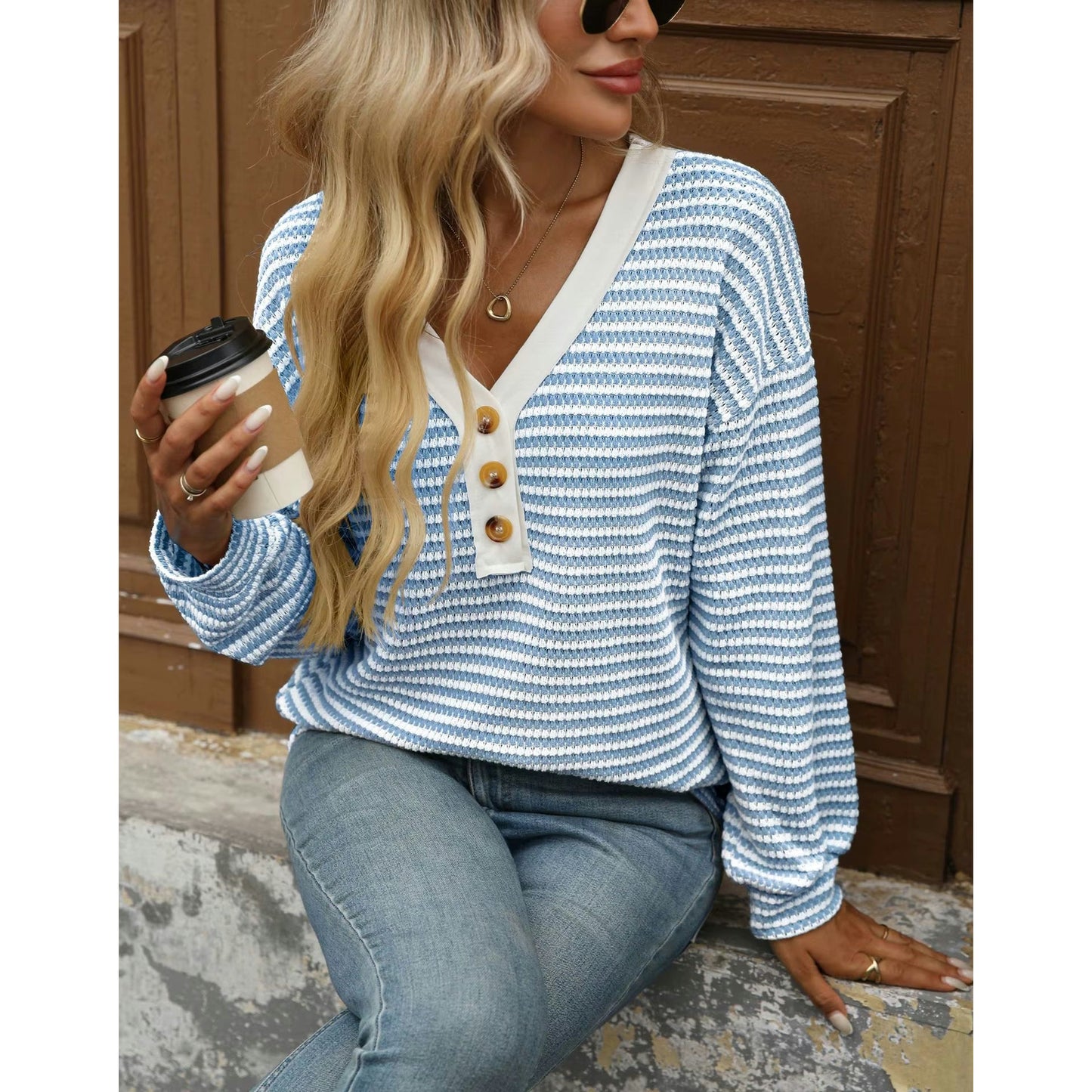 Libby Striped V Neck Waffle Knit Henley Long Sleeve Top