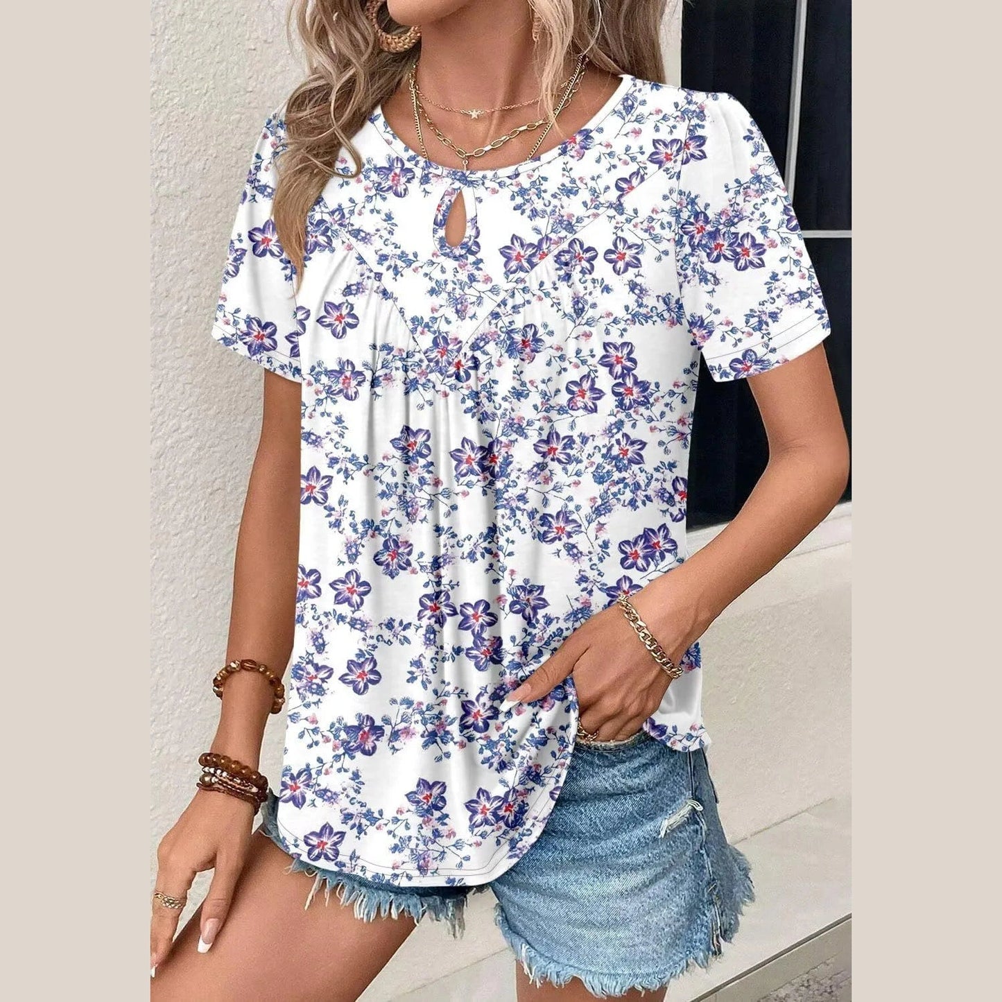 RTS White & Blue Keyhole Pleated Front Top