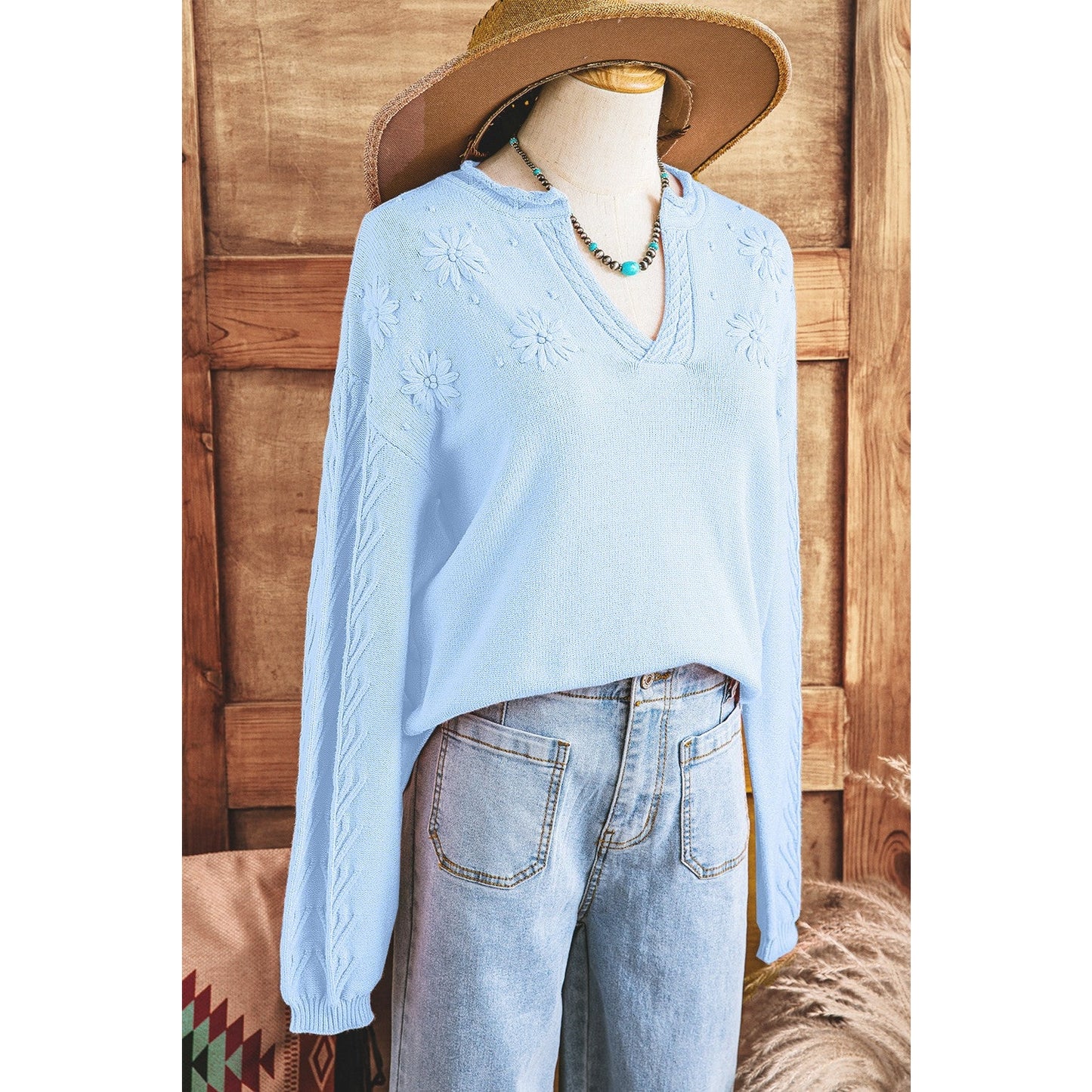 REDUCED!!! Vilma Blue Blossom Flower Detail Knitted Notched Neck Sweater REDUCED!!!