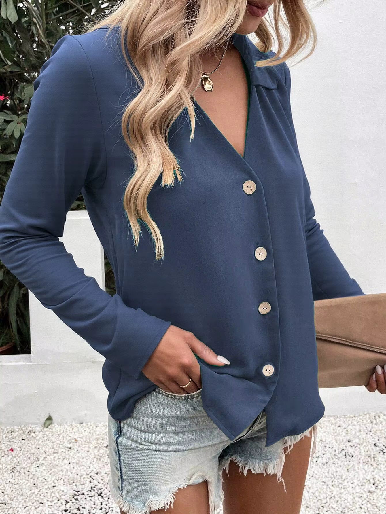 Eleanora Lapel Button Up Long Sleeve Blouse - 6 Colors