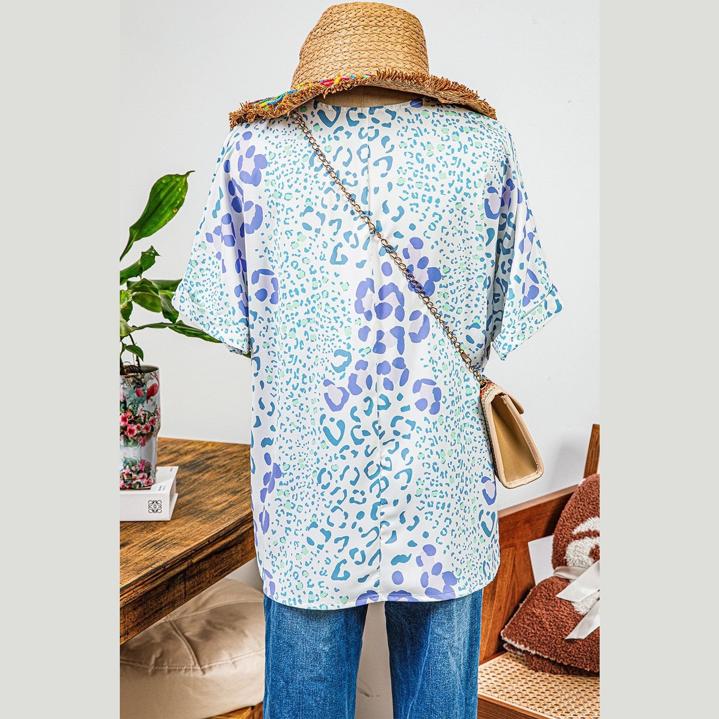 Giorgia Sky Blue Mixed Leopard Print V Neck Short Sleeve Blouse